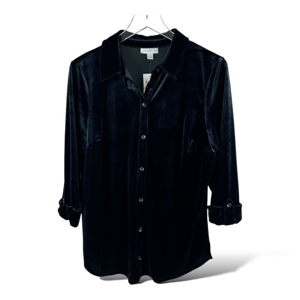 Charter Club Womens Black Velvet Button-Up Roll Sleeve Shirt‎ Tunic Medium